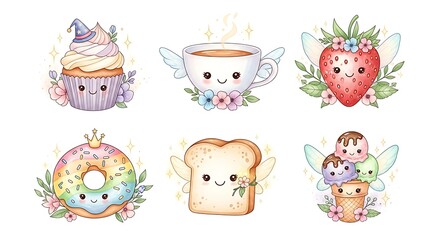 Delightful Assortment of Sweet and Playful Cartoon Food Characters, Featuring Charming Faces, Wings, and Floral Embellishments in a Whimsical Style