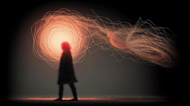 Silhouette Walking Through Anxiety: Tangled Glowing Threads Swirl and Tighten Around the Head as a Fiery Brain Core Pulses, Visualizing Invisible Mental Overload in a Minimal Dark Scene.