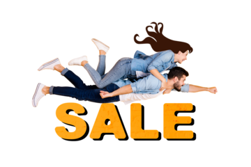 Composite photo collage of two happy girl guy fly together superhero sale black friday offer market promo isolated on painted background