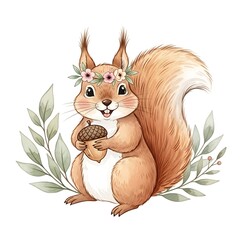 Charming cartoon squirrel with a floral wreath and acorn, a whimsical forest creature character isolated on white background