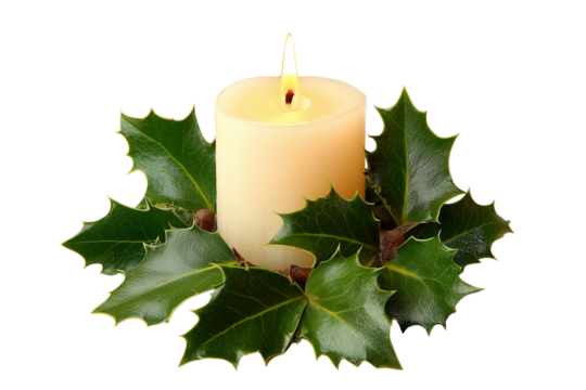 A Christmas candle surrounded by holly leaves, isolated on a transparent background.