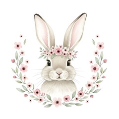 Cute watercolor rabbit illustration with a charming pink floral crown and a delicate botanical wreath, perfect for spring and children's projects