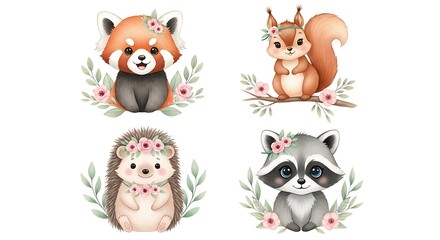 Adorable Woodland Critters Red Panda, Squirrel, Hedgehog, Raccoon Illustrations