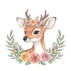 Adorable Deer Portrait with Floral Wreath Watercolor Illustration