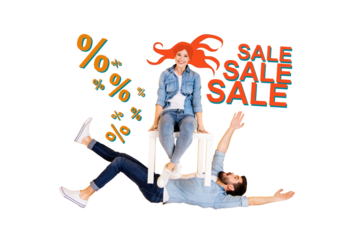 Composite photo collage of two happy girl guy sit table furniture sale discount shopping market promo isolated on painted background