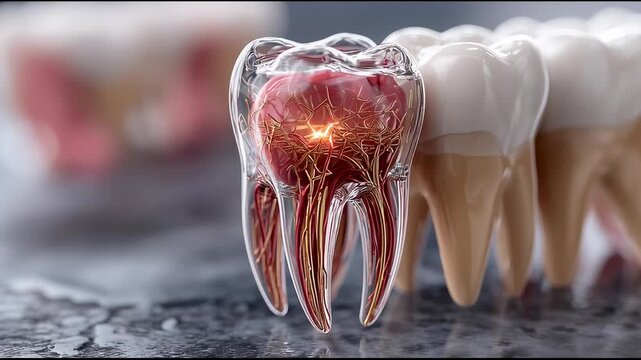 Transparent tooth with swollen red pulp and branching golden nerves, bright pain hotspot at the center, standing beside normal enamel teeth on reflective surface; cinematic medical visualization for t