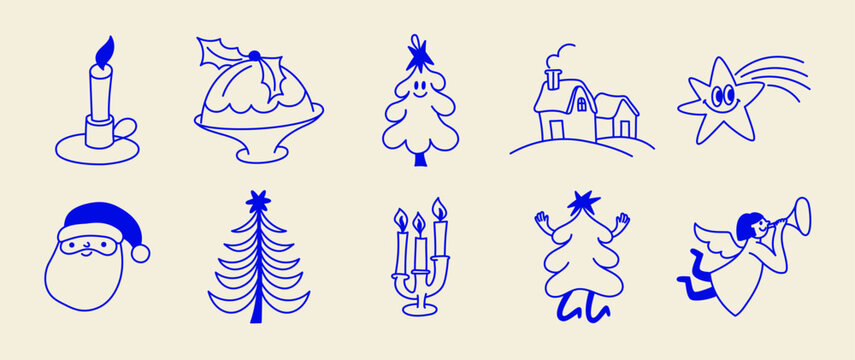 Vector illustration in simple hadn drawn style, in trendy playful whimsical quirky style, for Christmas and New Year prints, cards, banners, with funny and friendly mascot and character