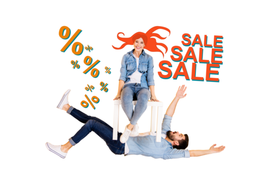 Composite photo collage of two happy girl guy sit table furniture sale discount shopping market promo isolated on painted background - Powered by Adobe