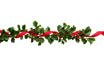 A Christmas holly garland with red ribbon, isolated on a transparent background.
