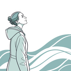 Vector art of a serene illustration of a woman in a coat looking up, with stylized waves in the background, creating a peaceful and contemplative scene