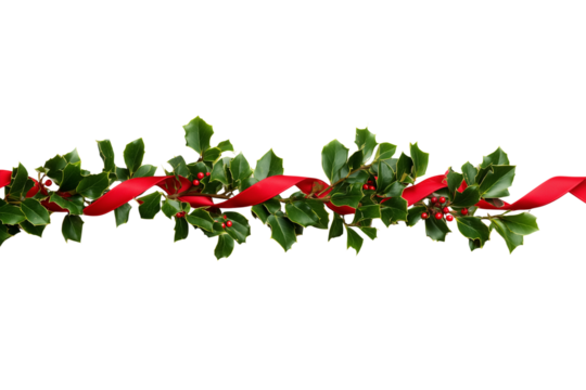 A Christmas holly garland with red ribbon, isolated on a transparent background.