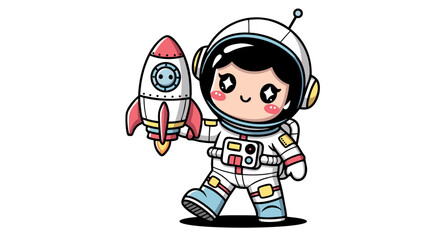 Cute cartoon astronaut in a white spacesuit holding a small rocket, representing childhood dreams of space exploration, future science, and cosmic adventure