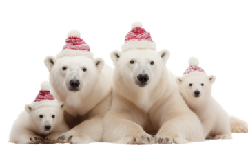 A Christmas polar bear family in festive hats, isolated on a transparent background.