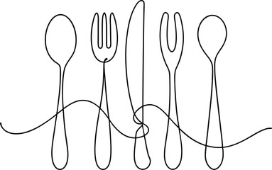 Cutlery Continuous Line Art | Elegant One Stroke Drawing of Spoon, Fork, Knife Vector