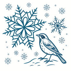 Vector art of a charming winter scene featuring a small bird perched near a large snowflake, surrounded by smaller snowflakes, creating a whimsical and festive atmosphere