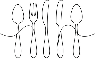 Continuous One Line Drawing of Cutlery Set, Single Line Art of Spoon, Fork, and Knife, Minimalist Kitchen Vector