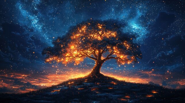 Magical tree glowing with lights at night under a starry sky.