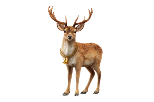 A Christmas reindeer with a golden bell necklace, isolated on a transparent background.