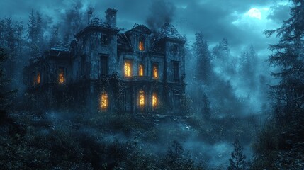 Ruined mansion in misty forest at night, lit windows.