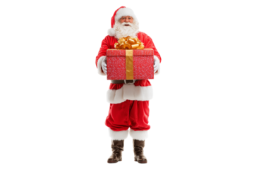 A Christmas Santa Claus holding a big present box, isolated on a transparent background.