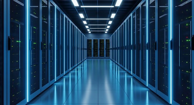A modern server room, illuminated by cool blue lights, showcasing rows of secure server cabinets.