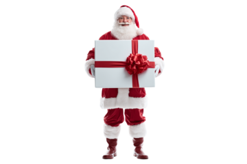 A Christmas Santa Claus holding a big present box, isolated on a transparent background.