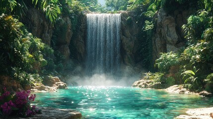 Lush tropical waterfall cascading into a serene pool. (5)