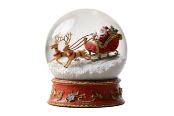 A Christmas snow globe with Santa and sleigh, isolated on a transparent background.