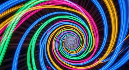 A mesmerizing, vibrant spiral of multi-colored glowing lines against a black background, creating a dynamic visual