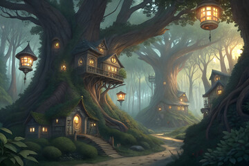 Fototapeta premium Mystical Treehouse Hamlet in Lush Forest