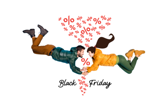 Composite photo collage of two happy girl guy fly together percent sale sign autumn warm clothes black friday isolated on painted background - Powered by Adobe