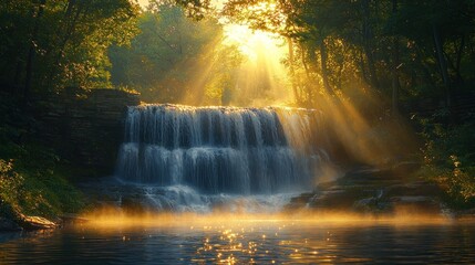 Sunlit waterfall cascading into a misty pool, surrounded by lush green forest.