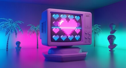 Fototapeta premium Retro computer screen displays pixelated hearts, set in a vibrant, neon-lit environment.