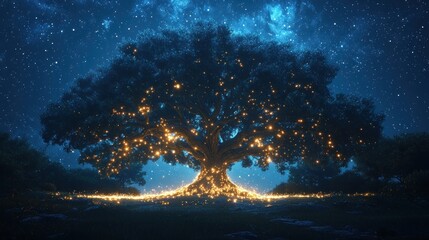 Illuminated oak tree at night under starry sky.