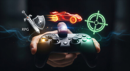 Closeup of hands holding a video game controller with glowing neon icons representing different game genres like rpg, racing, and shooting