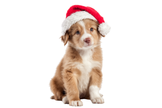 A Christmas Santa hat placed on a puppy, isolated on a transparent background. - Powered by Adobe