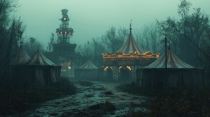 Abandoned carnival at dusk, shrouded in mist.