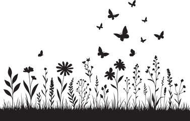 Serene Silhouette: Delicate black silhouettes of blooming wildflowers, lively grass, and graceful butterflies against a clear, bright sky, creating a peaceful, natural image.