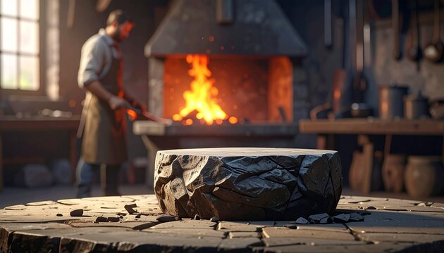 Blacksmith forging metal in fiery workshop