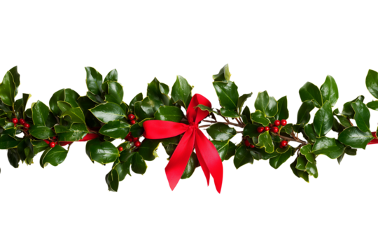 A Christmas holly garland with red ribbon, isolated on a transparent background.