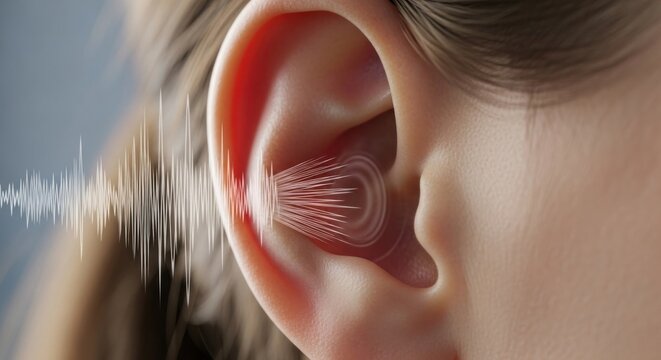 Detailed ear rendering; sound waves enter. Pink interior is visible. Close-up, soft lighting