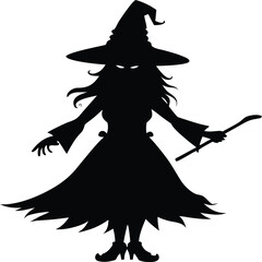 Halloween Witch on Broomstick Silhouette Vector Illustration. Silhouette of a Witch with Pointed Hat - Halloween Vector Art