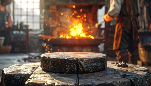 Blacksmiths hearth sparks flying stone anvil