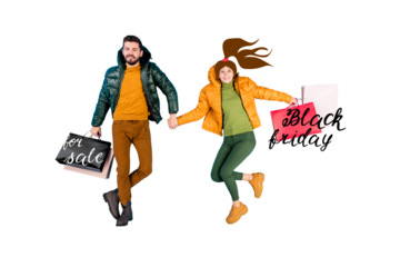 Composite photo collage of two happy girl guy walk together hold bags purchase black friday promo market isolated on painted background