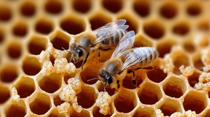 Worker Bees Inspecting Intricate Beeswax Patterns on Honeycomb for Raw Honey Production Supplies