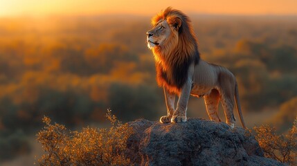 Majestic male lion standing on a rock at sunset.