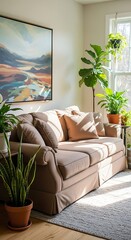 A light-filled living room, featuring a beige sofa, an abstract landscape painting, and several houseplants, creates a serene and inviting atmosphere.
