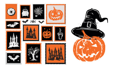 Halloween Stamps, mail, postcard hand drawn illustration