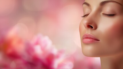 Fototapeta premium Close-up of a woman's face in profile with her eyes closed, soft pink lips, and a flawless complexion, set against a blurred background of pink floral bokeh