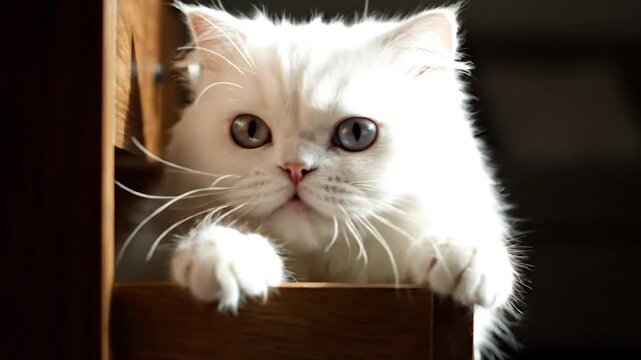 Adorable white cat with striking blue eyes curled up comfortably inside a cozy wooden drawer in a bright room setting